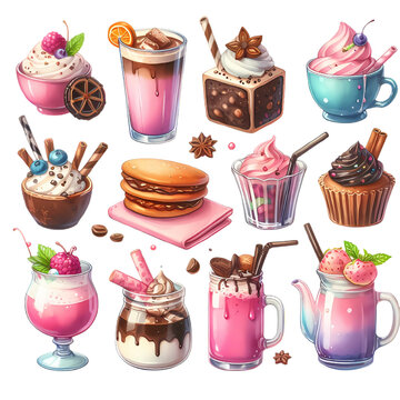 Sweet Food. 3d Vector Icon Set. Cake, Ice Cream, Panna Cotta, Bubble Tea, Donut, Cup Of Coffee, Chocolate, Candy