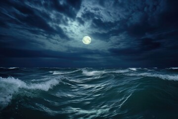 moon suspended in sky above stormy ocean