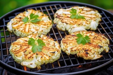 grilling cauliflower steaks in a barbecue with lid down