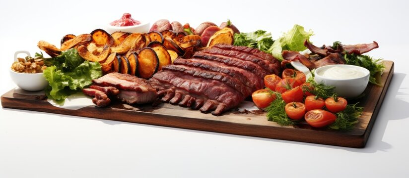 In a photograph with a purely white background, various mouth-watering delicacies take center stage, including succulent cuts of white meat, perfectly grilled saCountryges, and crispy strips of bacon