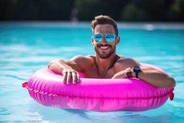 Happy man with pink rubber circle float
