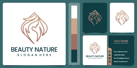 Fototapeta na wymiar Beauty woman natural line art luxury logo design with business card template