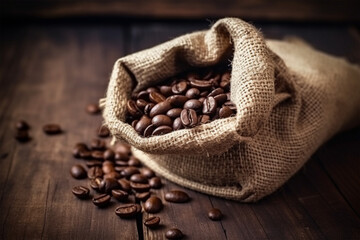 Roasted coffee beans in burlap bag