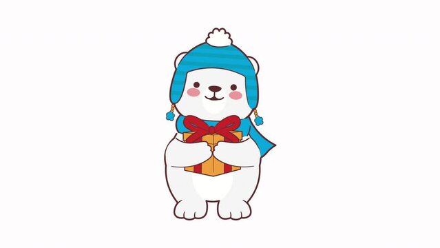 Cute Polar Bear Winter Christmas Holding Gift Box Animation