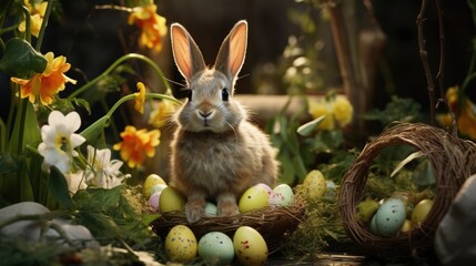 Fototapeta na wymiar Easter bunnies amidst a colorful array of eggs
