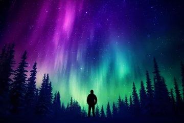Abwaschbare Fototapete Universum human with image captures awe-inspiring beauty of Northern Aurora, with a human silhouette gazing up at ethereal lights, evoking a sense of wonder and a deep connection to cosmos