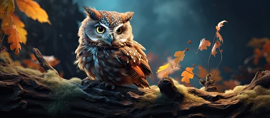 Poster In the beautiful landscape of the forest, a cute owl perched on a branch, its brown feathers blending with the outdoors, while its closeup portrait highlighted its savage and wild nature, captivating © 2rogan