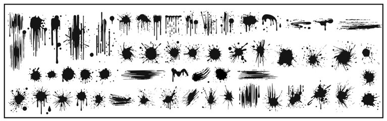 A collection of spots and stains. Black ink stains and dirt spots scattered with isolated drops and spots. Urban street style ink blots, dots or lines. Isolated vector illustration