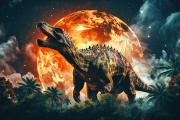 Diplodocus dinosaur against a background of fire and explosions. Dinosaur. Jurassic period. A huge monster. Global catastrophe. Death of the dinosaurs. - obrazy, fototapety, plakaty