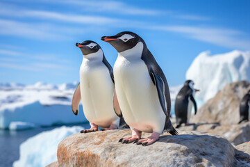 The group shot of a mature Antarctic penguin colony standing on ice rock near glaciers under clear blue sky. Generative AI.