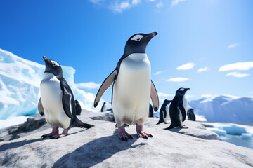 The group shot of a mature Antarctic penguin colony standing on ice rock near glaciers under clear blue sky. Generative AI. - obrazy, fototapety, plakaty
