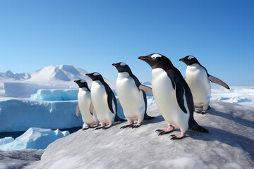 Obraz premium The group shot of a mature Antarctic penguin colony standing on ice rock near glaciers under clear blue sky. Generative AI.