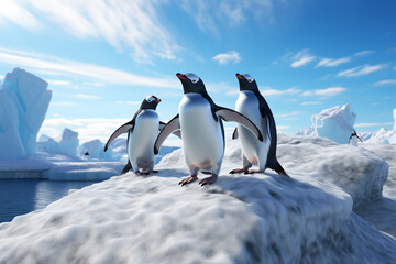 The group shot of a mature Antarctic penguin colony standing on ice rock near glaciers under clear blue sky. Generative AI.