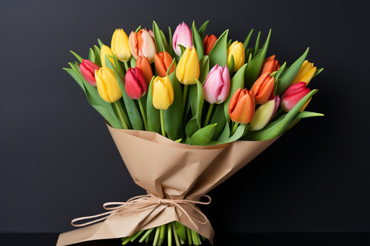 The close up detail of a fresh orange, pink, purple, red, and yellow tulip bouquet wrapped in a brown kraft paper isolated on a white, black, yellow, pink, gray background. Generative AI.