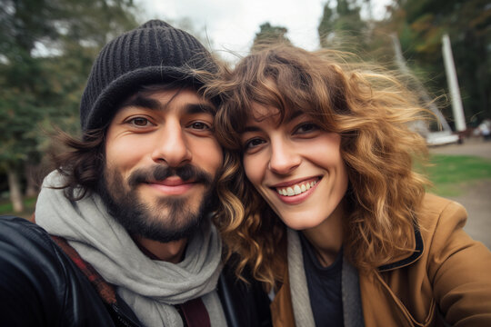 Selfie portrait snapshot of a couple in love, man and woman, in the park or forest, smiling happily into the camera
