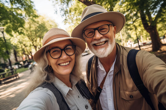 Elderly senior couple man and woman with gray white hair taking happy and cheerful selfie in park on vacation outdoors in summer - theme of growing old and staying young