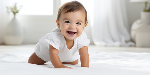 Fototapeta premium Happy baby crawling on the bed around the room