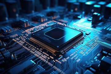 A powerful computer processor or chip on a motherboard. Modern technologies. Blue background. Development of computer technologies.