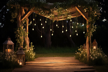 The wood wedding arch covered with ivy vine and decorated with pink and white flowers, hanging lamp, fairy light, and draping for an outdoor wedding ceremony in the evening or night. Generative AI. - obrazy, fototapety, plakaty