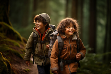 Fototapeta premium Children hiking with backpacks in mountains or forest. Kids Camping summer, trekking outdoor concept
