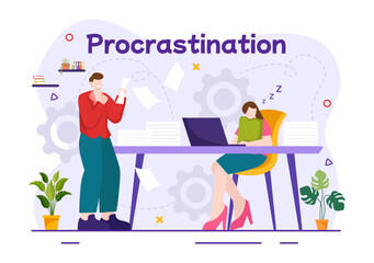 Obraz premium Procrastination Vector Illustration with Procrastinating Lazy Businessman Employees work of office worker in Flat Business Cartoon Background