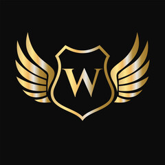 Win Logo On Letter W With Shield Symbol. Transportation Logotype