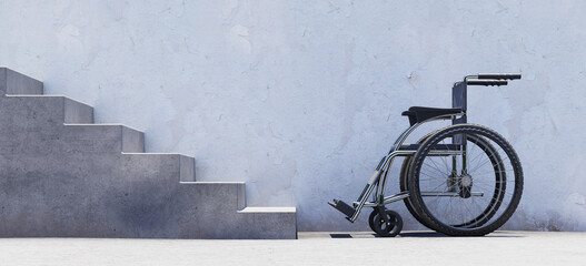 a wheelchair unable to pass in front of an outdoor staircase, 3d rendering