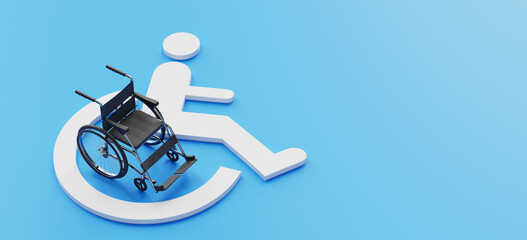 Wheelchair with handicapped sign symbol, 3d rendering