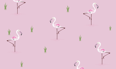 Tropical pink flamingo birds and plants, seamless pattern. Repeating print, endless background design in Scandinavian style. Printable flat vector illustration