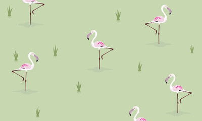 Tropical pink flamingo birds and plants, seamless pattern. Repeating print, endless background design in Scandinavian style. Printable flat vector illustration