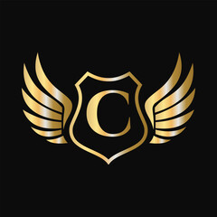 Win Logo On Letter C With Shield Symbol. Transportation Logotype