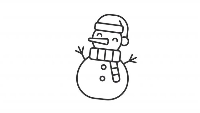 Animated snowman icon. Happy snow man dancing line animation. Figure made of snow. Winter holidays symbol. Black illustration on white background. HD video with alpha channel. Motion graphic