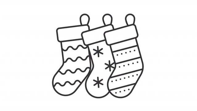 Animated christmas stockings icon. Christmas decorative socks line animation. Winter holiday tradition. Black illustration on white background. HD video with alpha channel. Motion graphic