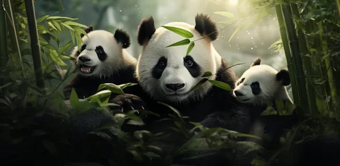  Giant panda family with bamboo background © Gabriel