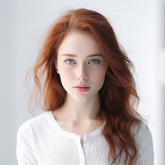 Fototapeta premium Beautiful young woman standing on the wonderful white studio background, ai technology