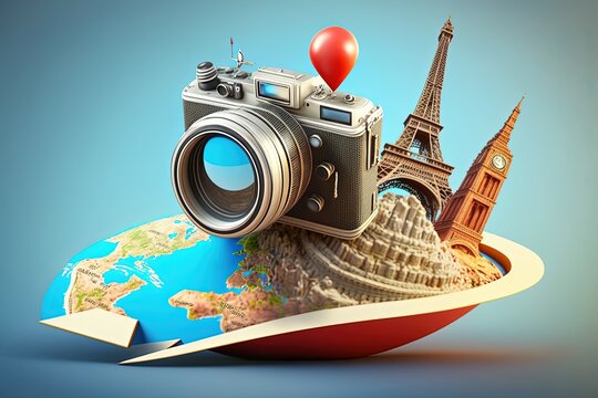 concept tourism Travel map world places famous pointer pin Camera concept tag geo Photo