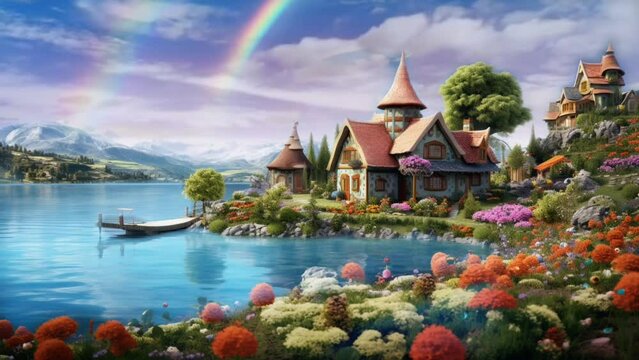 Beautiful Fantasy Scenery On A Dream Island With A House And Flower Garden Overlooking A Lake. Seamless Looping Time Lapse Video Animation Background, Anime Or Cartoon Style. Generated With AI