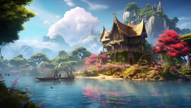 beautiful fantasy scenery on a dream island with a house and flower garden overlooking a lake. seamless looping time lapse video animation background, anime or cartoon style. Generated with AI