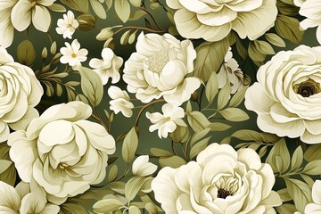 lush peonies seamless border pattern, green white for wedding, home decor, fashion, fabric, textile industry to print wallpaper, bed linen, blankets, napkins or for paper design