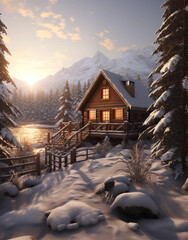 Wooden cabin in snowy mountains