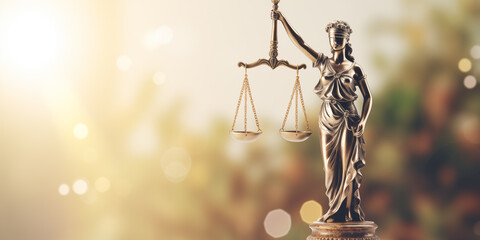 statue of Lady Justice with scales of justice on light background, with space for text