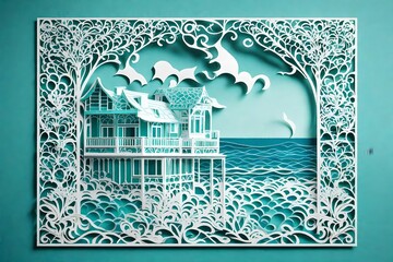 House on the beach made with paper cutting art 