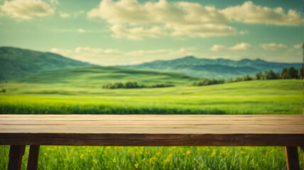empty wooden table with nature blurred background for product display
