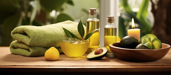 In a tranquil spa surrounded by lush nature, a table adorned with green and blue accents holds a refreshing lemon and honey-infused beauty treatment, utilizing the natural healing properties of plants