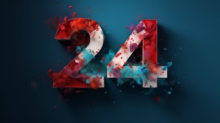 Party decoration, anniversary sign for holidays, celebration, birthday, carnival happy new 2024 year. Red blue numbers 24 on dark blue background. Generative AI.