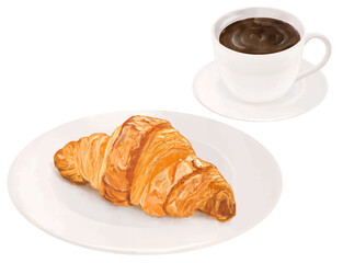 皿に乗ったクロワッサンとホットコーヒー