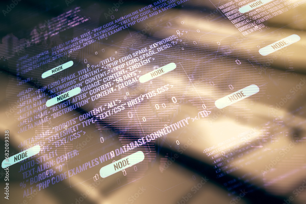 Poster multi exposure of abstract programming language hologram and world map on shiny metal background, ar