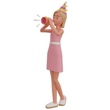 Woman wearing party hat blowing new year trumpet 3D