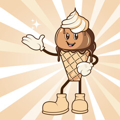 Ice cream logo in Groovy style. Mascot for cafe. Vector illustration.