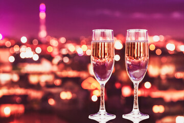 Wine Glasses on City Lights at Night Background. Chanpagne Glasses  on Evening City View Background. Greeting Card, Festive Invitation Party. Night Life Concept.